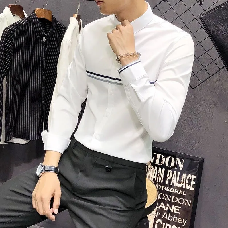 Mandarin Collar Formal Shirt Slim Fit - Camisa Masculina de Manga Longa com