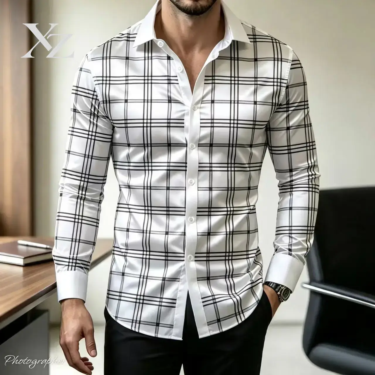 Mens Satin Silk Dress Shirt - Camisa Social Masculina Xadrez de Manga