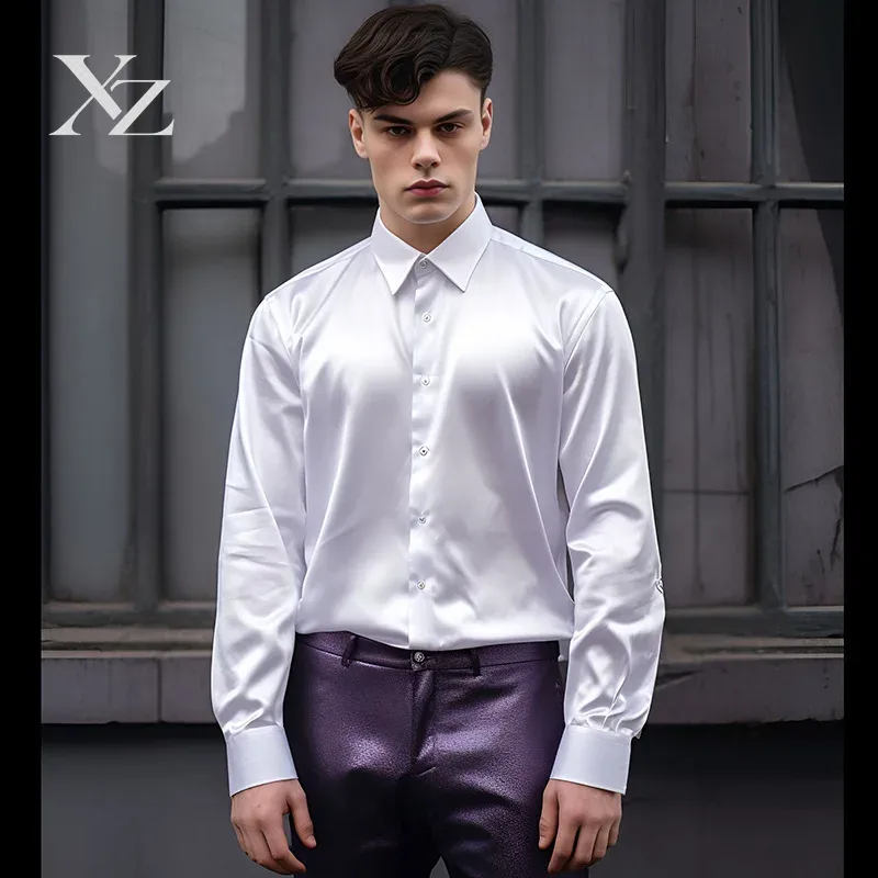 Mens Satin Silk Dress Shirt - Camisa Social Masculina de Manga Longa