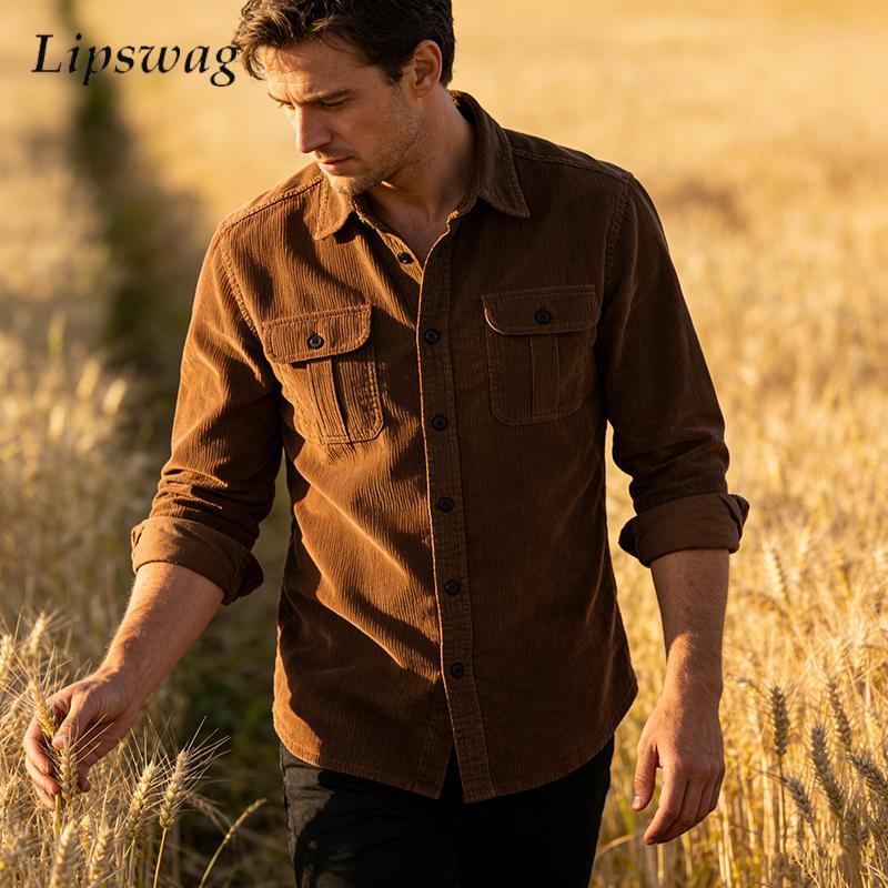 Corduroy Button Up Shirt Men - Vintage cor sólida camisa de veludo