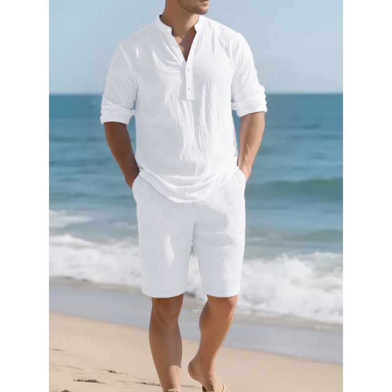 Mens Linen Shirt Long Sleeve - Conjunto Masculino de Linho Branco com