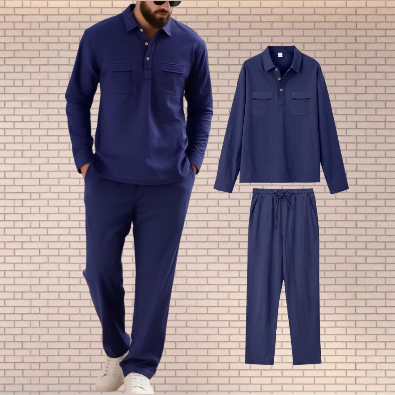 Mens Linen Shirt Long Sleeve - Conjunto masculino de linho misto com