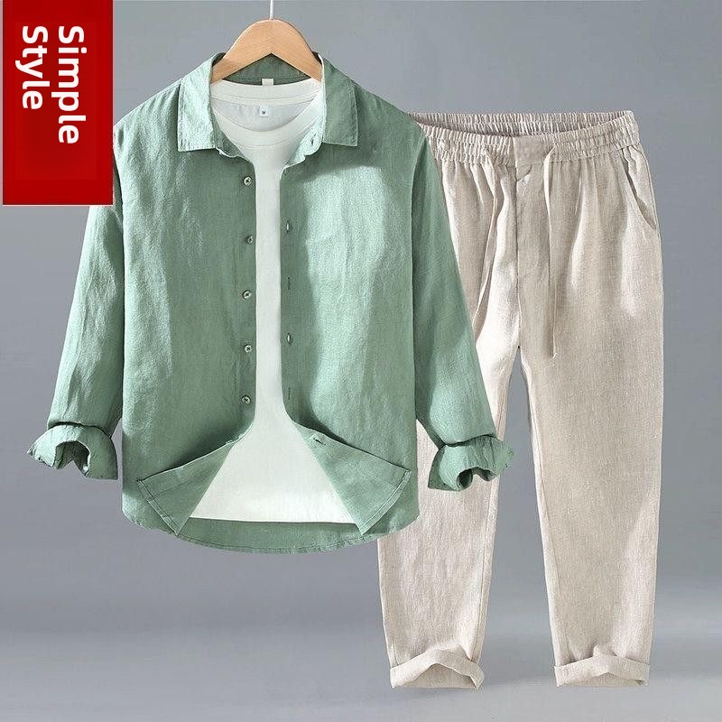 Mens Linen Shirt Long Sleeve - Conjunto de Camisa de Linho Solta