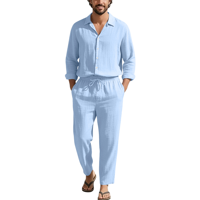 Mens Linen Shirt Long Sleeve - Conjuntos Casuais de Linho Primavera Verão: