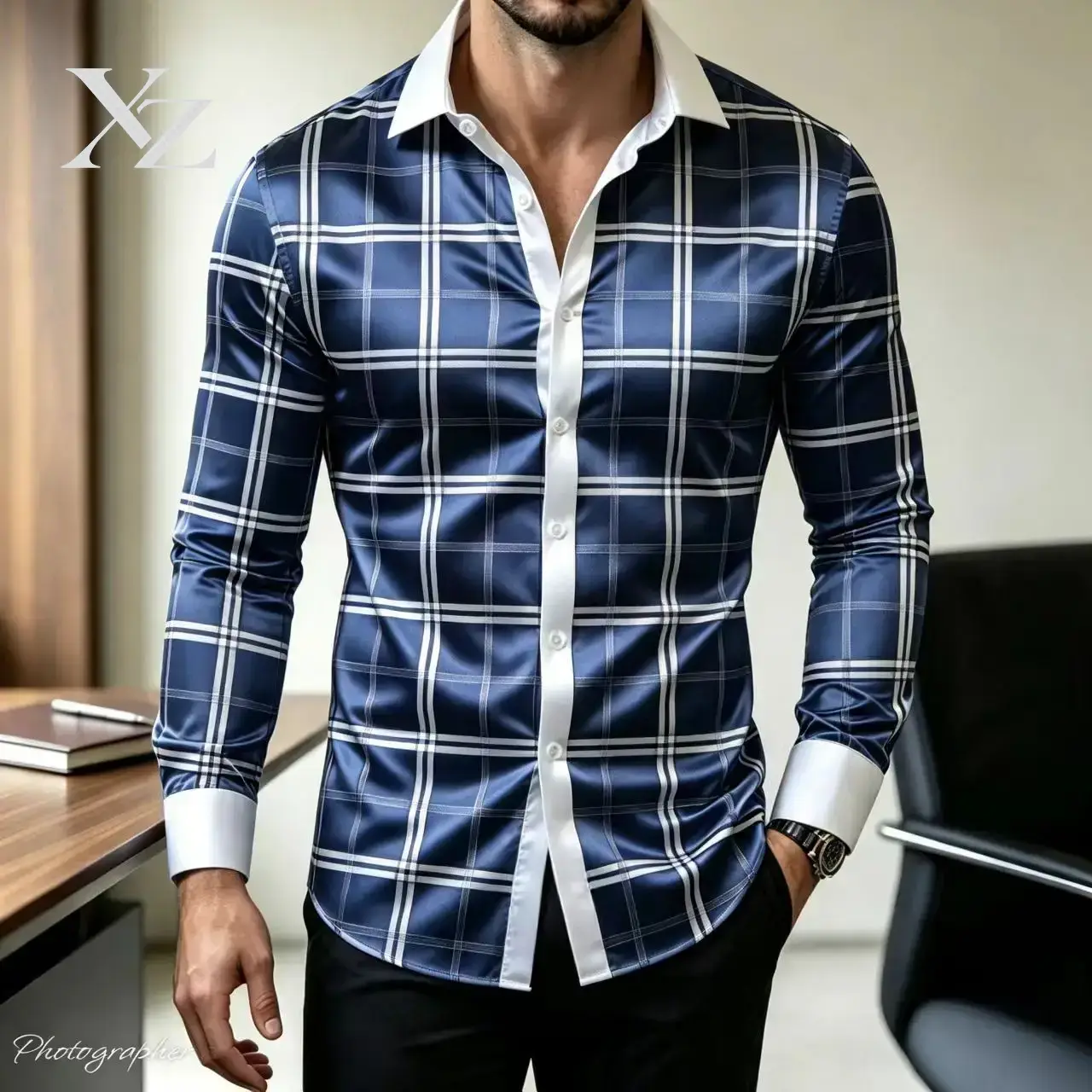 Camisa Social Masculina Xadrez - Mens Satin Silk Dress Shirt avaliação e preço