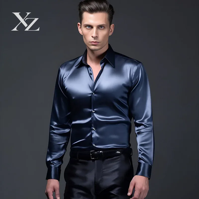 Camisa Social Masculina de Man - Mens Satin Silk Dress Shirt avaliação e preço