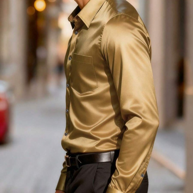 Camisa Social Masculina de Sed - Mens Satin Silk Dress Shirt avaliação e preço