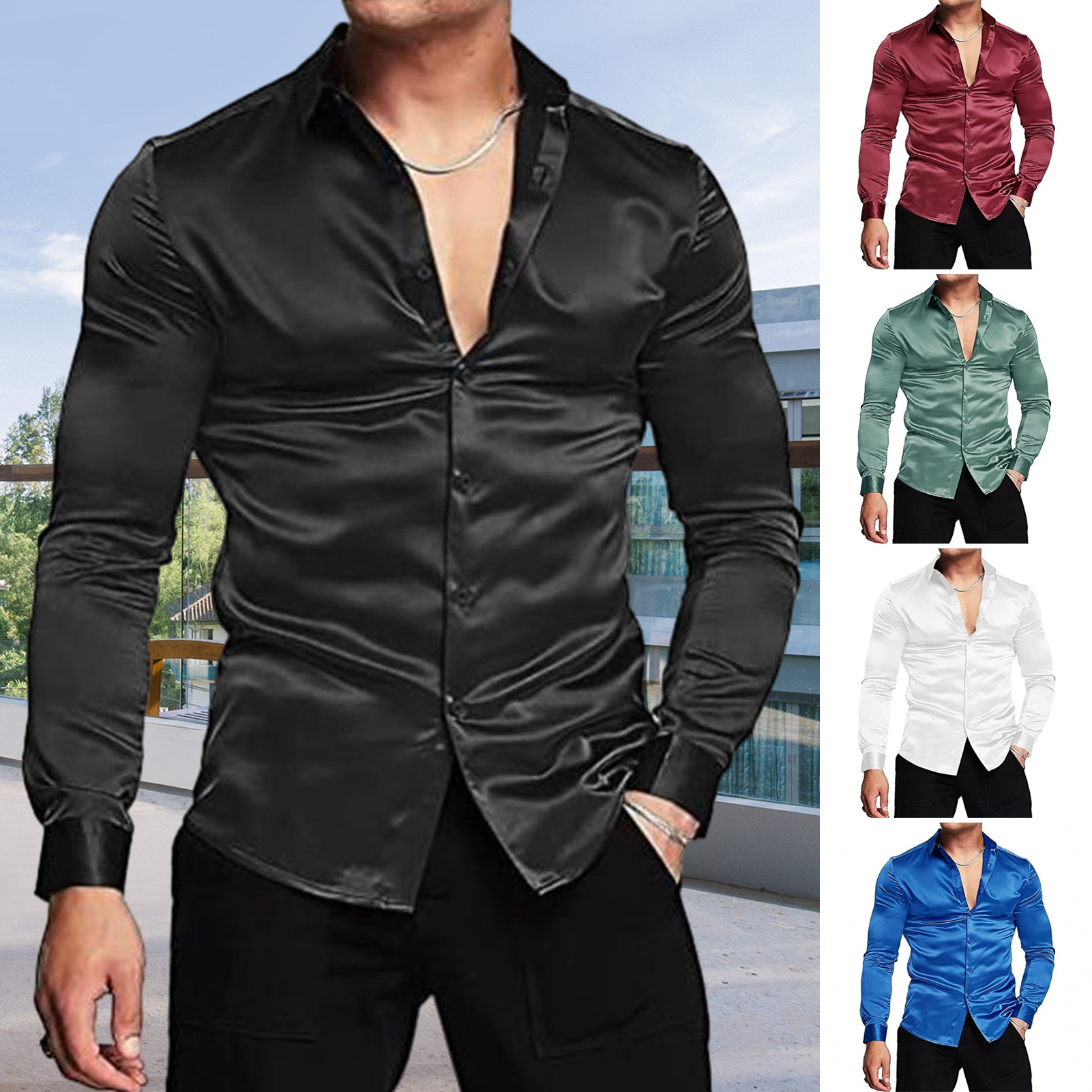 Rosa de seda cetim vestido lux - Mens Satin Silk Dress Shirt avaliação e preço