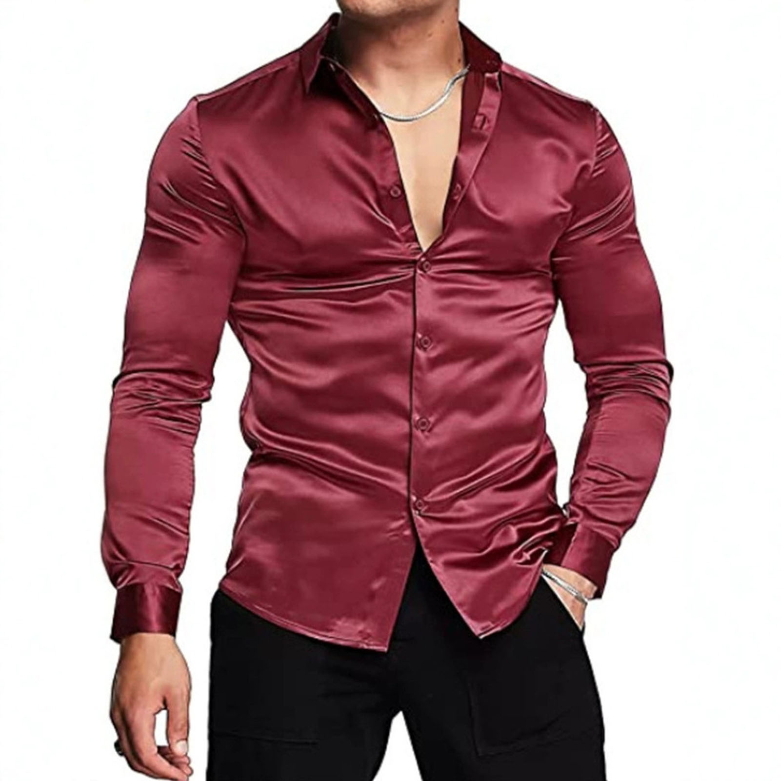 Rosa de seda cetim vestido lux - Mens Satin Silk Dress Shirt avaliação e preço