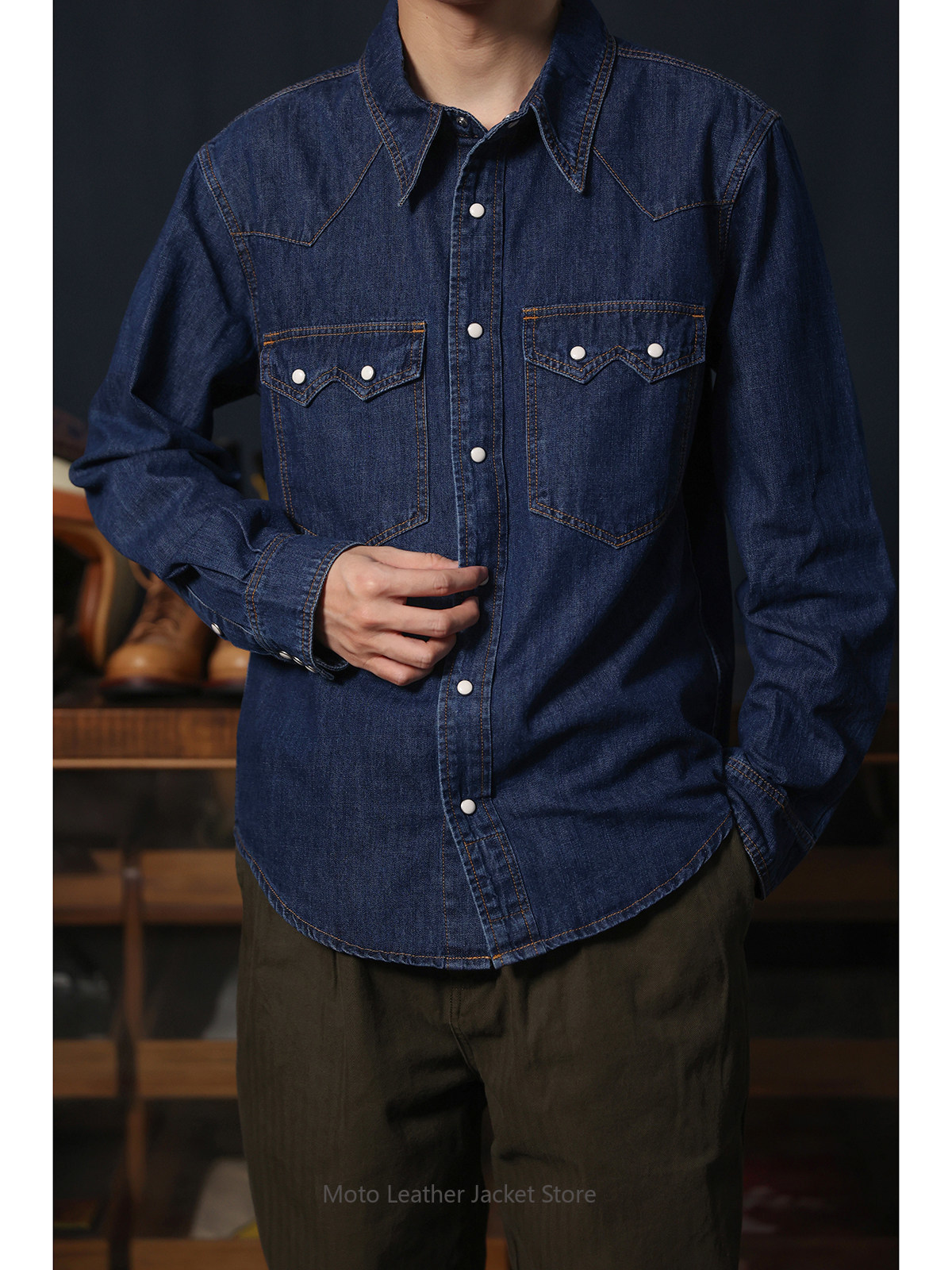Camisa Jeans Ocidental America - Mens Western Denim Pearl Snap Shirt avaliação e preço